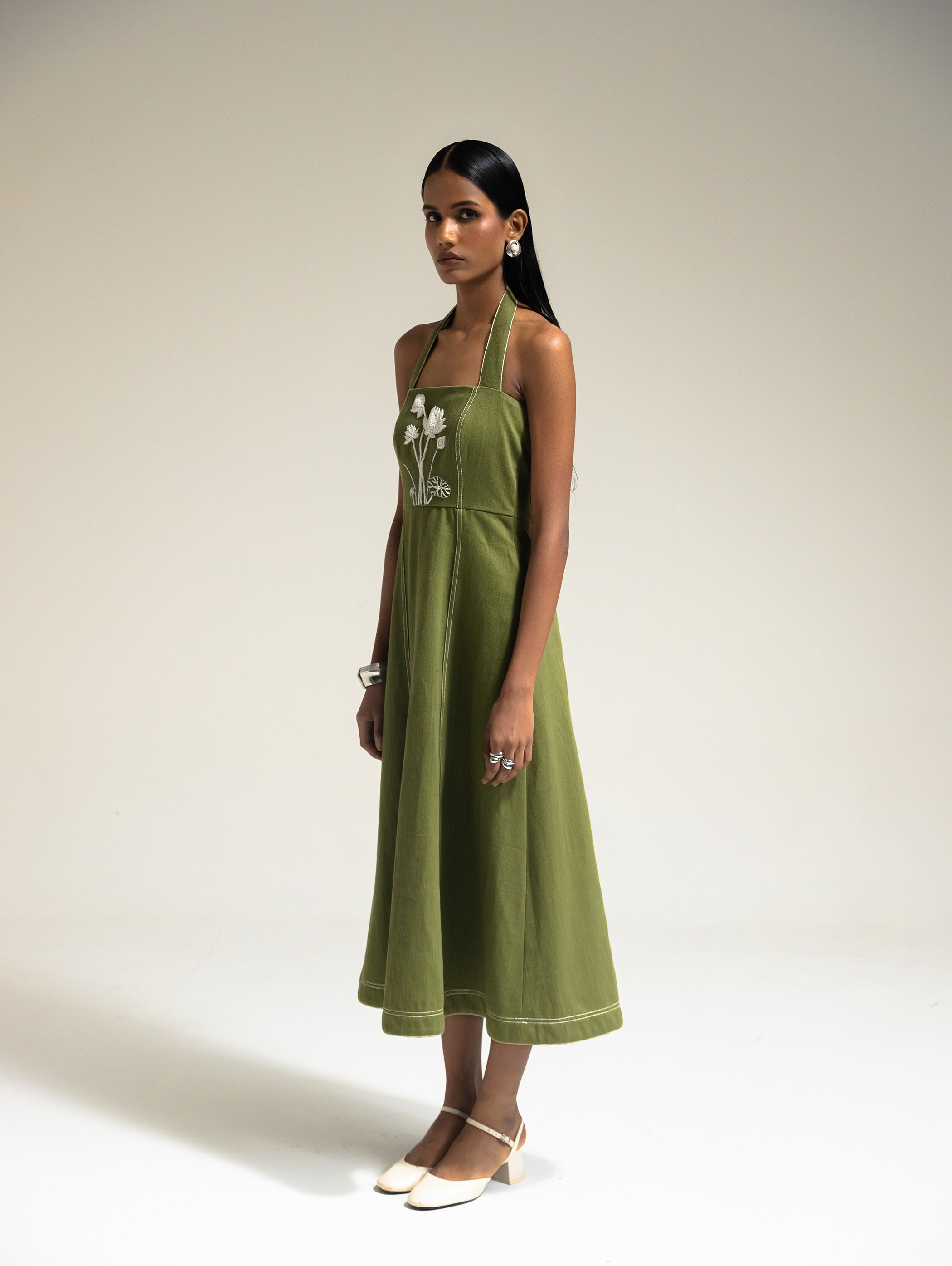 Olive Embroidered Denim Dress