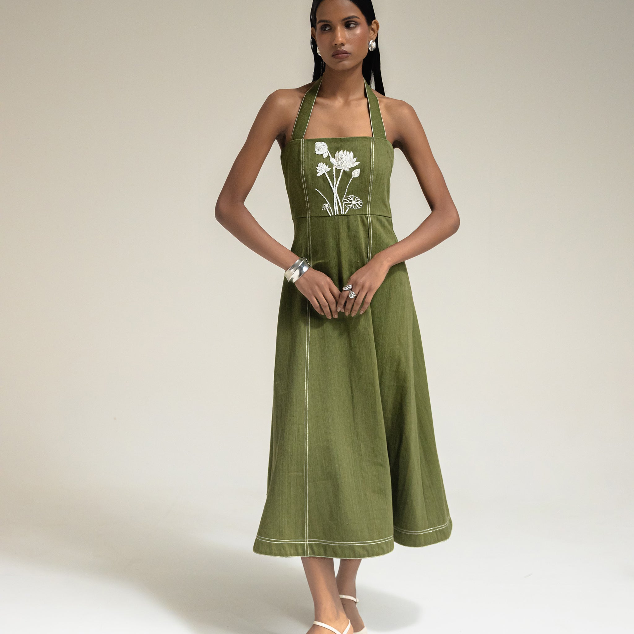 Olive Embroidered Denim Dress