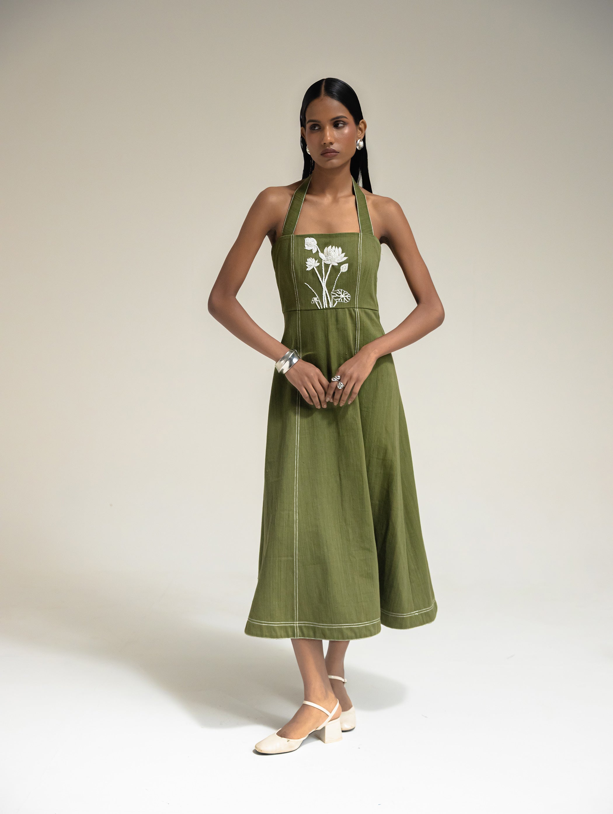 Olive Embroidered Denim Dress