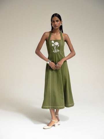 Olive Embroidered Denim Dress