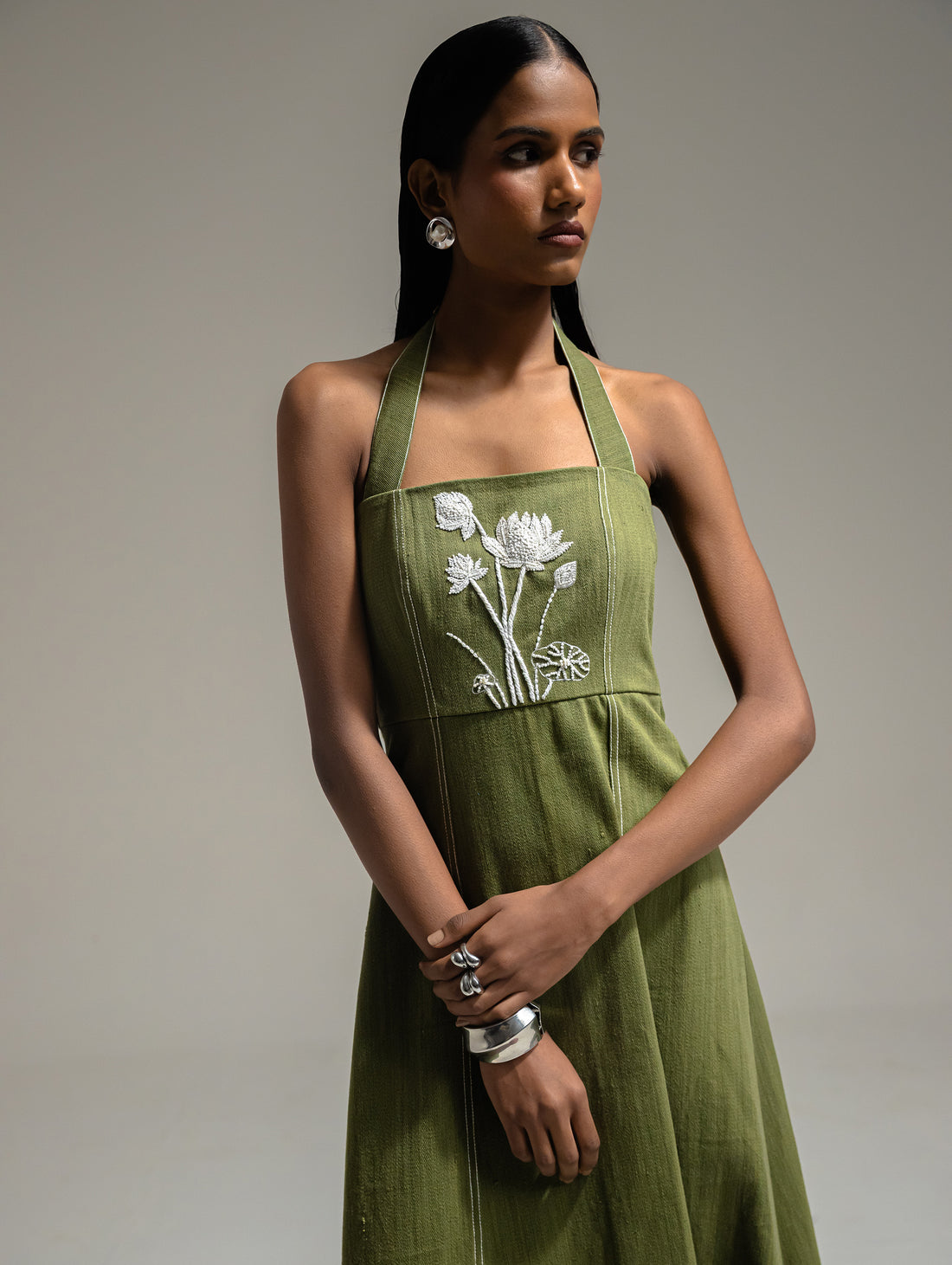 Olive Embroidered Denim Dress