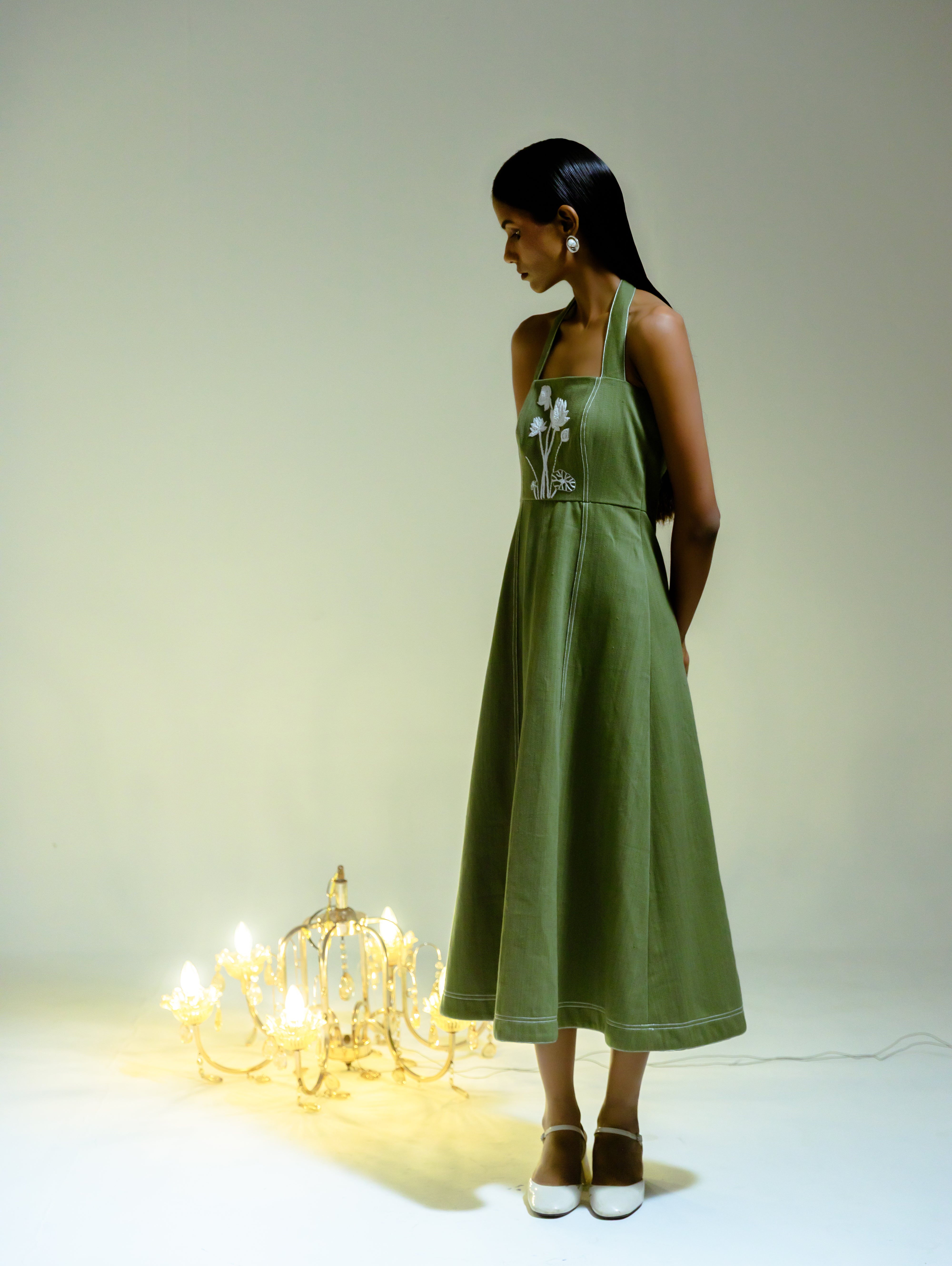 Olive Embroidered Denim Dress